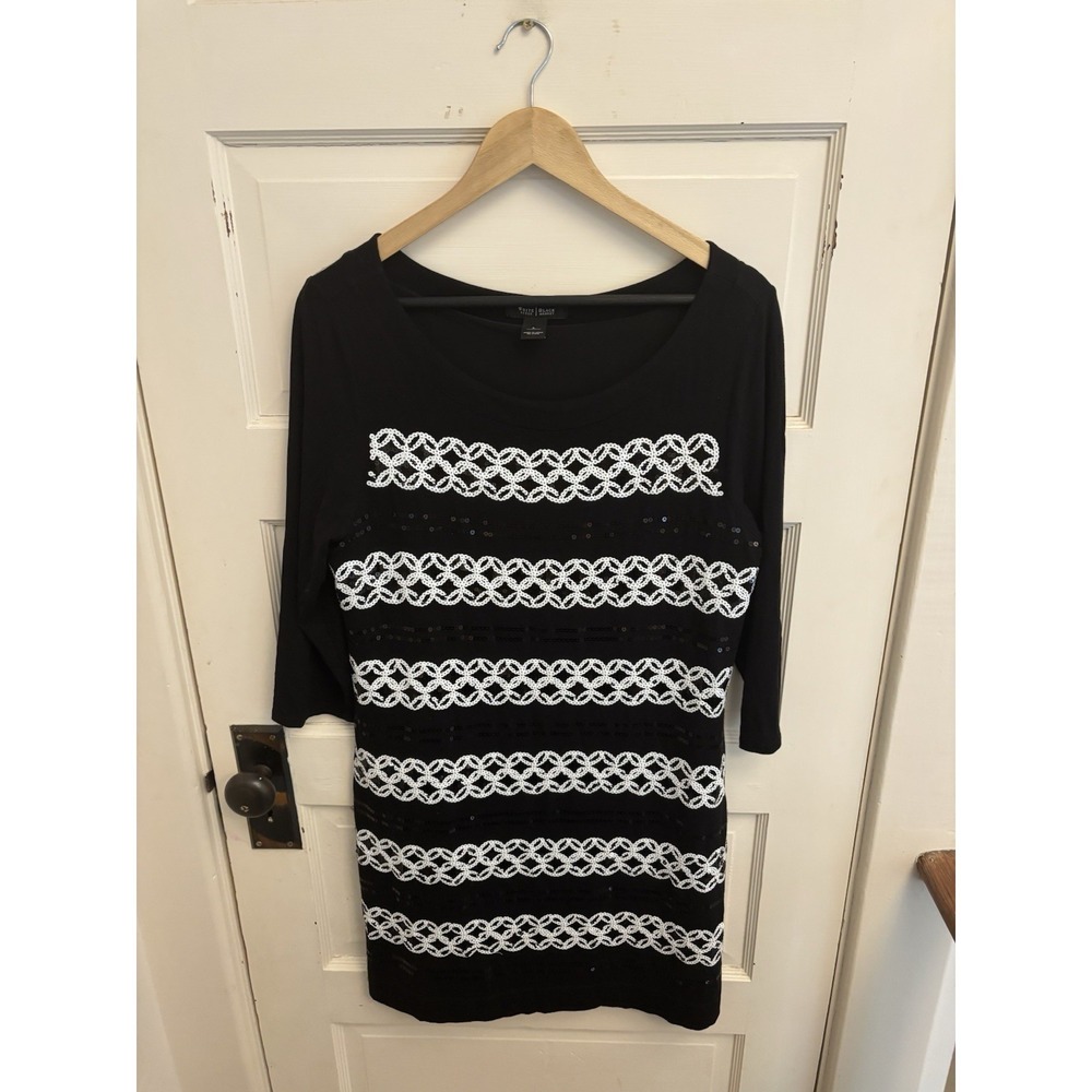 White House Black Market Black 3/4 Sleeve Sequined Shift Dress‎ Size Large
